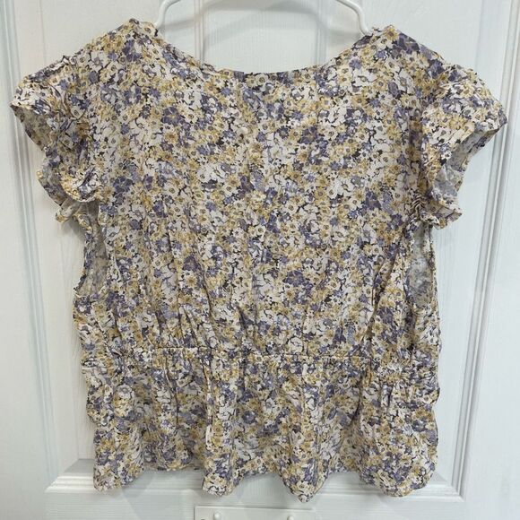 Wild Fable Yellow Purple Floral Peplum Button Front Flutter Sleeve Womens Size M - Picture 2 of 5
